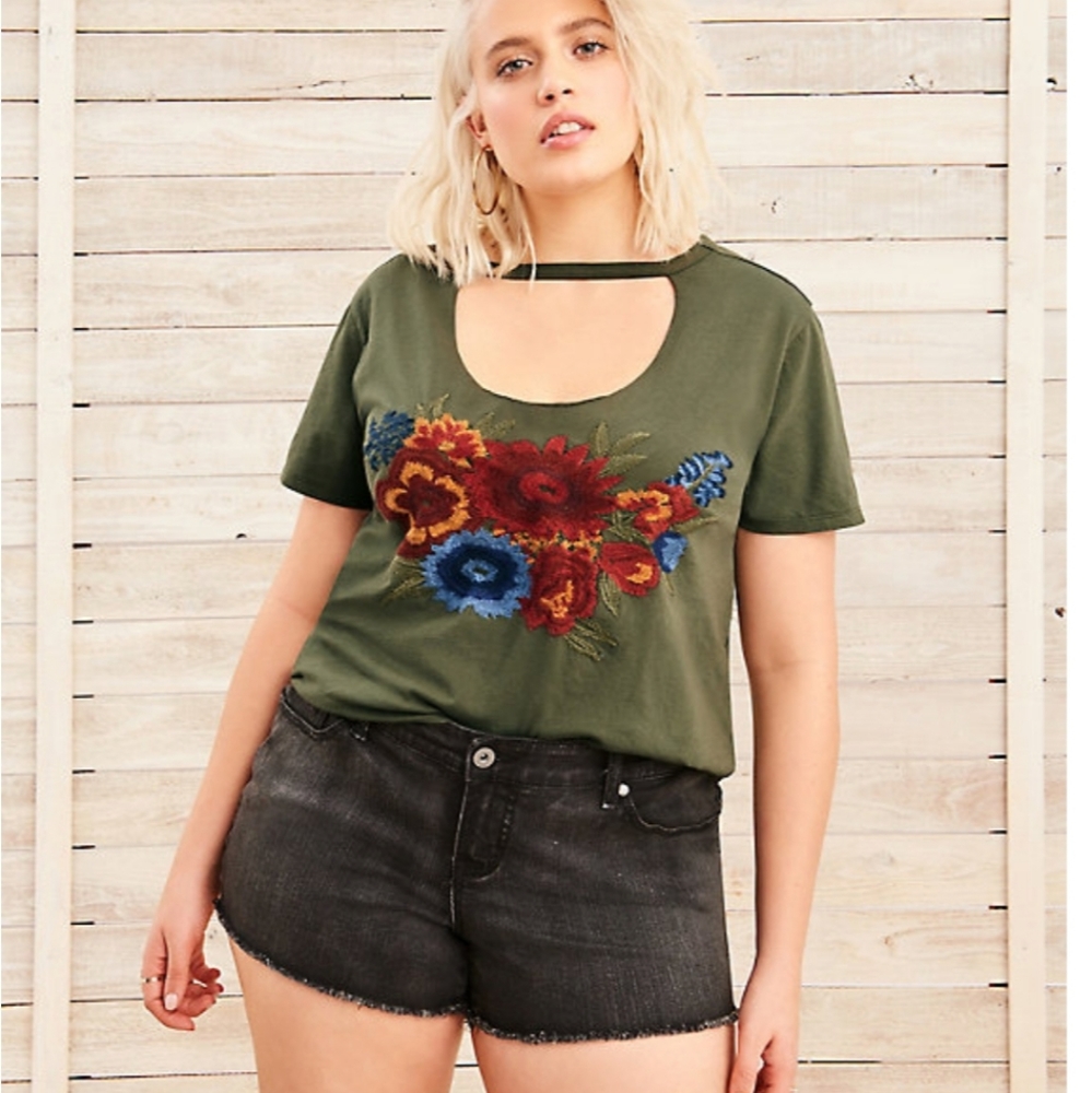 Olive Embroidered Choker Tee